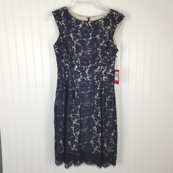 Vince Camuto Black Lace Overlay Sleeveless Sheath Dress Size 8 High Neck NWT - Picture 14 of 14